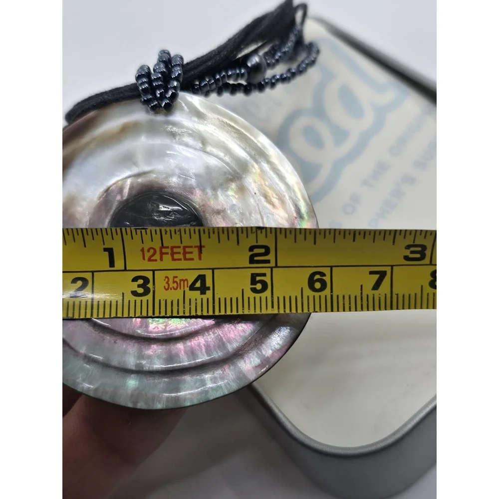 Surfer's Creed Abalone Mother of Pearl‎ Pendant Necklace Black Cord Tin Box